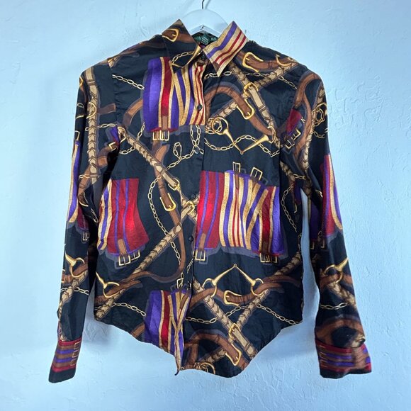 Lauren Ralph Lauren Petite Womens Equestrian Button-Down Shirt Size P/P Black - Picture 1 of 8